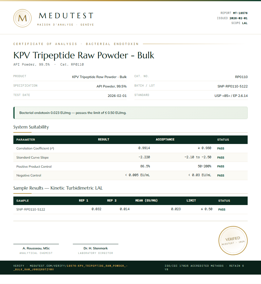 KPV Tripeptide Raw Powder - Bulk Endotoxin report by Medutest
