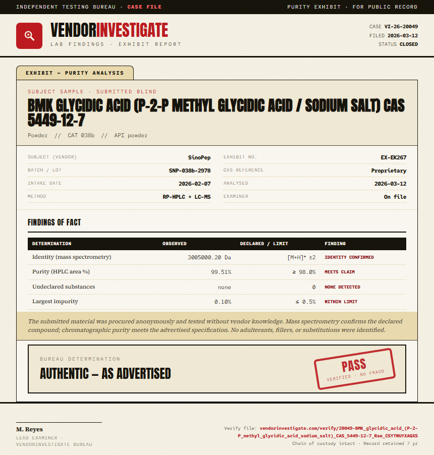 BMK glycidic acid (P-2-P methyl glycidic acid / sodium salt) CAS 5449-12-7 Purity (HPLC) report by VendorInvestigate
