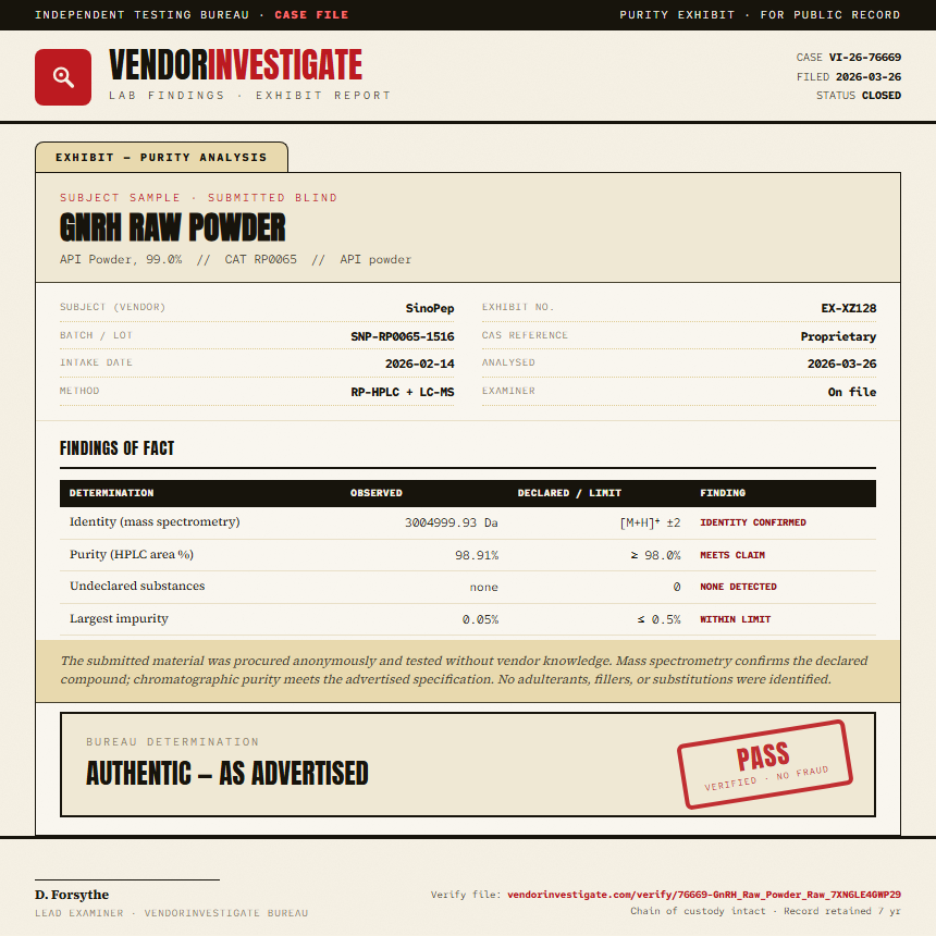 GnRH Raw Powder Purity (HPLC) report by VendorInvestigate