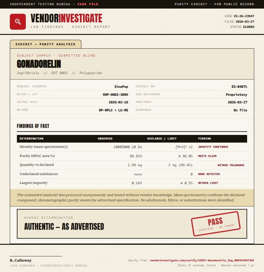 Gonadorelin Purity (HPLC) report by VendorInvestigate