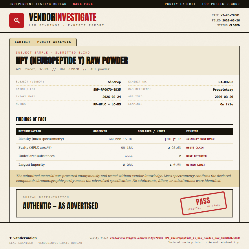 NPY (Neuropeptide Y) Raw Powder Purity (HPLC) report by VendorInvestigate